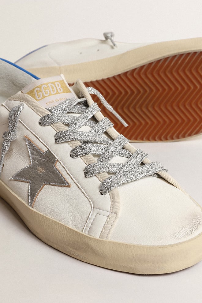 Women | Super-Star White Leather with Silver Star & Blue Heel Tab | Cream x Silver x Blue - Image 4