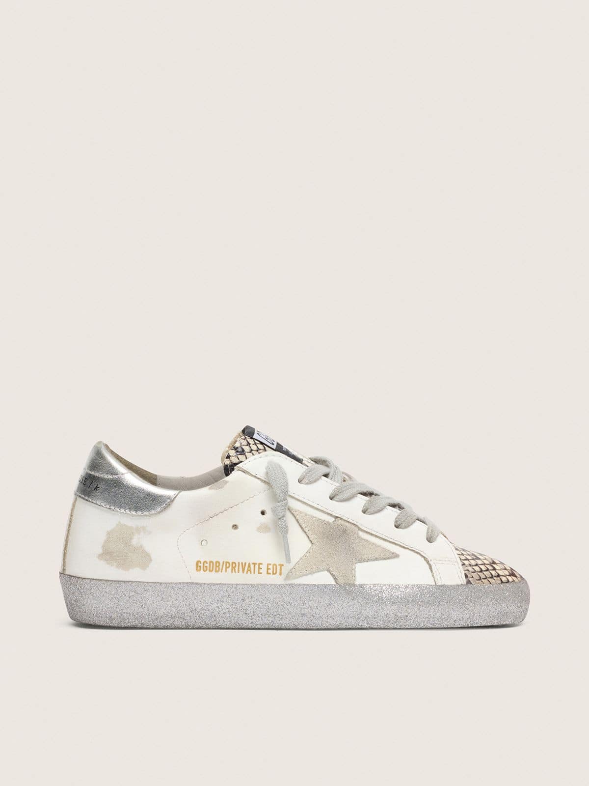 Women | Super-Star White Nappa & Snake Print Detail with Silver Heel Tab | White x Rock Phyton x Silver - Image 2