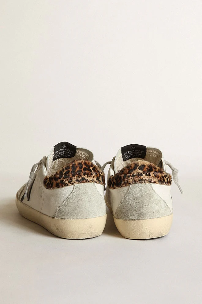 Women | Super-Star with Black Leather Star & Leo-Print Pony Skin Heel Tab | White x Black x Beige Brown Leo x Ice - Image 2