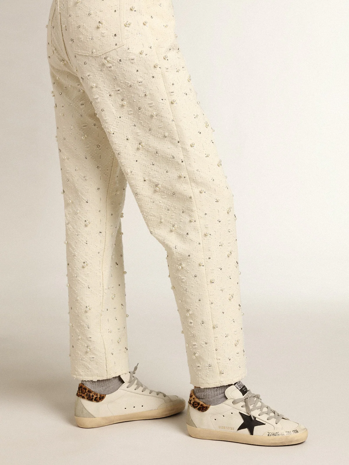 Women | Super-Star with Black Leather Star & Leo-Print Pony Skin Heel Tab | White x Black x Beige Brown Leo x Ice - Image 4