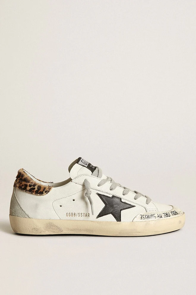 Women | Super-Star with Black Leather Star & Leo-Print Pony Skin Heel Tab | White x Black x Beige Brown Leo x Ice - Image 7