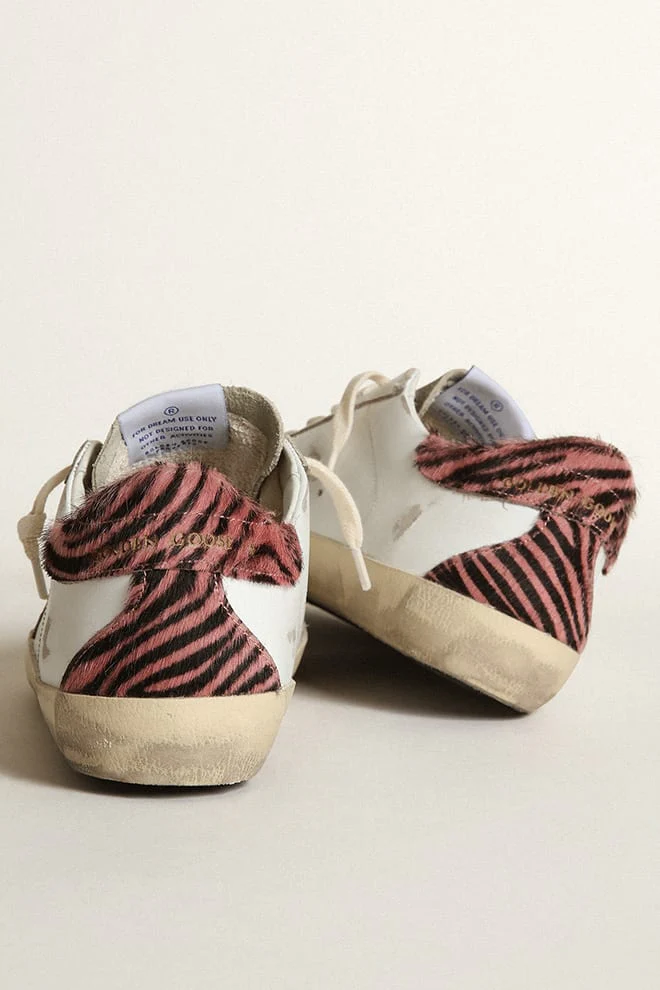 Women | Super-Star with Gold Leather Star & Zebra Pony Skin Heel Tab | White x Taupe x Pink Black - Image 5