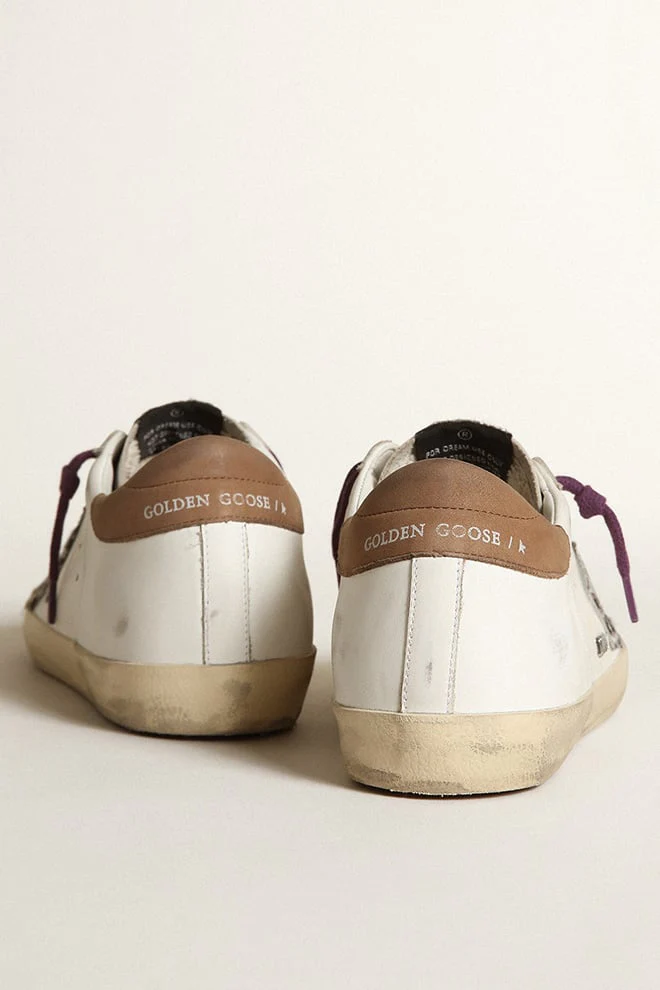 Women | Super-Star with Leopard Pony Skin Star & Brown Nubuck Heel Tab | White x Beige Brown Leo x Brown - Image 3