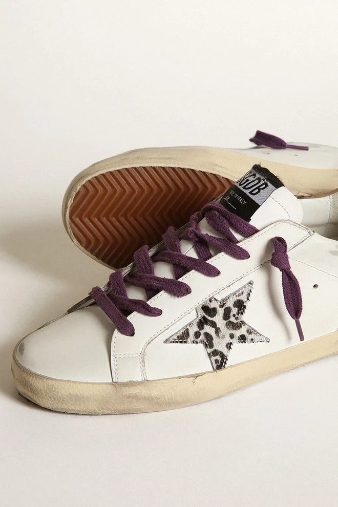 Women | Super-Star with Leopard Pony Skin Star & Brown Nubuck Heel Tab | White x Beige Brown Leo x Brown - Image 4