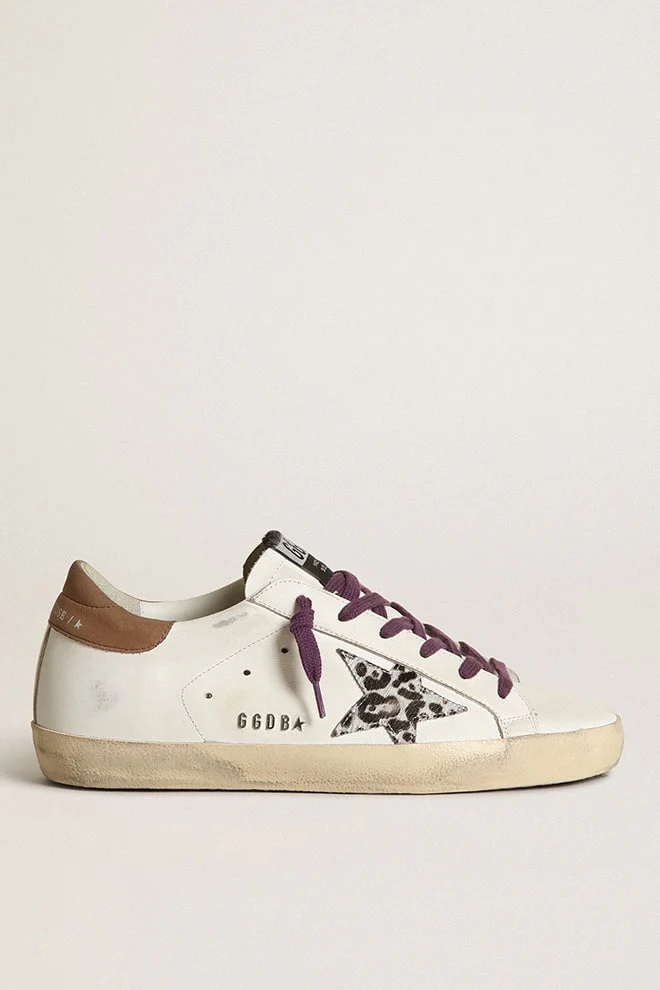 Women | Super-Star with Leopard Pony Skin Star & Brown Nubuck Heel Tab | White x Beige Brown Leo x Brown - Image 5