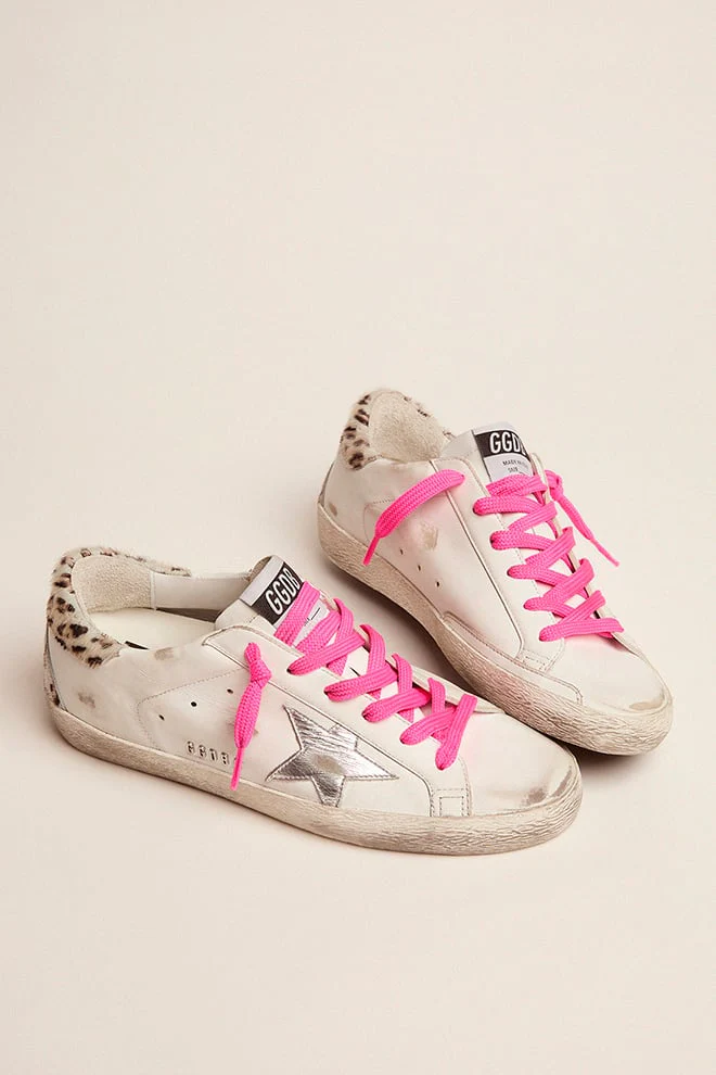 Women | Super-Star with Silver Leather Star & Leo-Print Pony Skin Heel Tab | White x Silver x White Black Cream Leo - Image 4