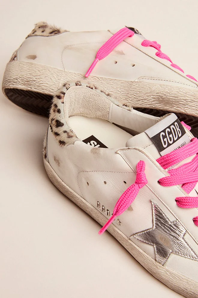 Women | Super-Star with Silver Leather Star & Leo-Print Pony Skin Heel Tab | White x Silver x White Black Cream Leo - Image 8