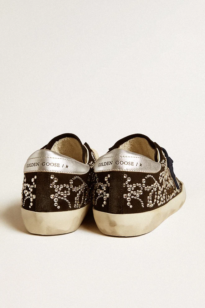 Women | Super-Star Wo Suede with Silver Heel Tab & Crystals | Black x Silver - Image 4