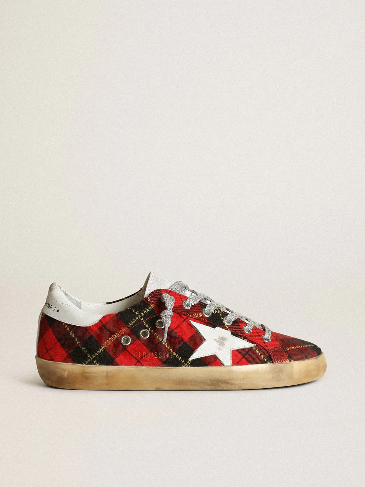 Women | Super-Star Wool with Red Tartan Print & White Leather Star | Red Black x White - Image 4