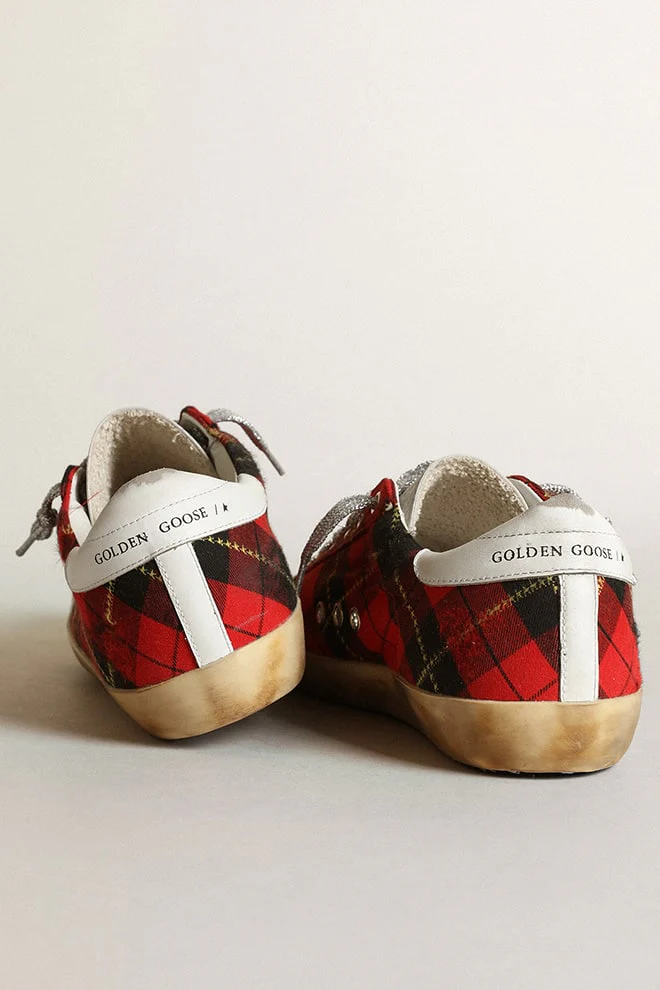 Women | Super-Star Wool with Red Tartan Print & White Leather Star | Red Black x White - Image 8