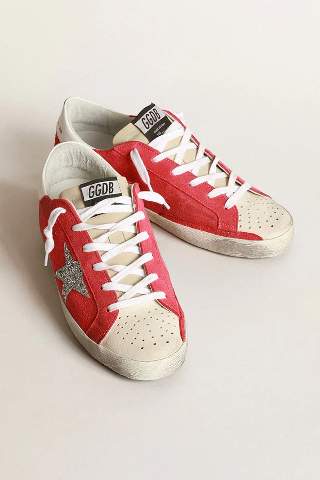 Women | Superstar Sneakers with Glitter Star & Perforated Toecap | Dark Pink x Milk x Silver x White - Image 8