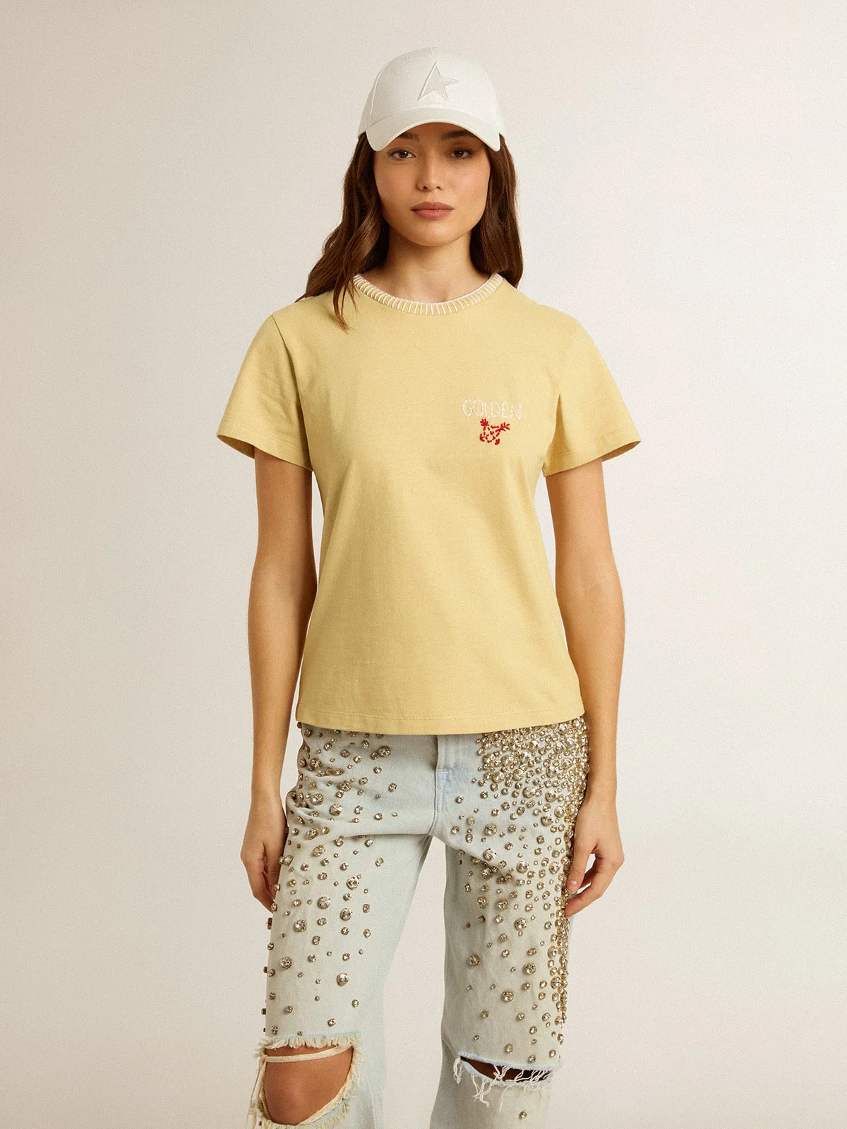 Women | T-Shirt Cotton Jersey with Embroidery On The Neck & Heart | Raffia x Heritage White x Urban Red - Image 5