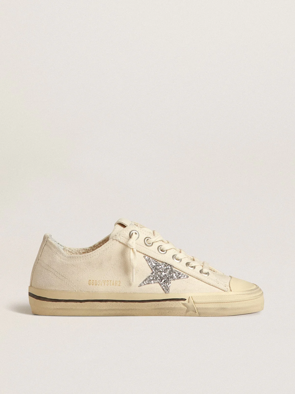 Women | V-Star Beige Canvas with A Silver Glitter Star | Beige x Silver - Image 2