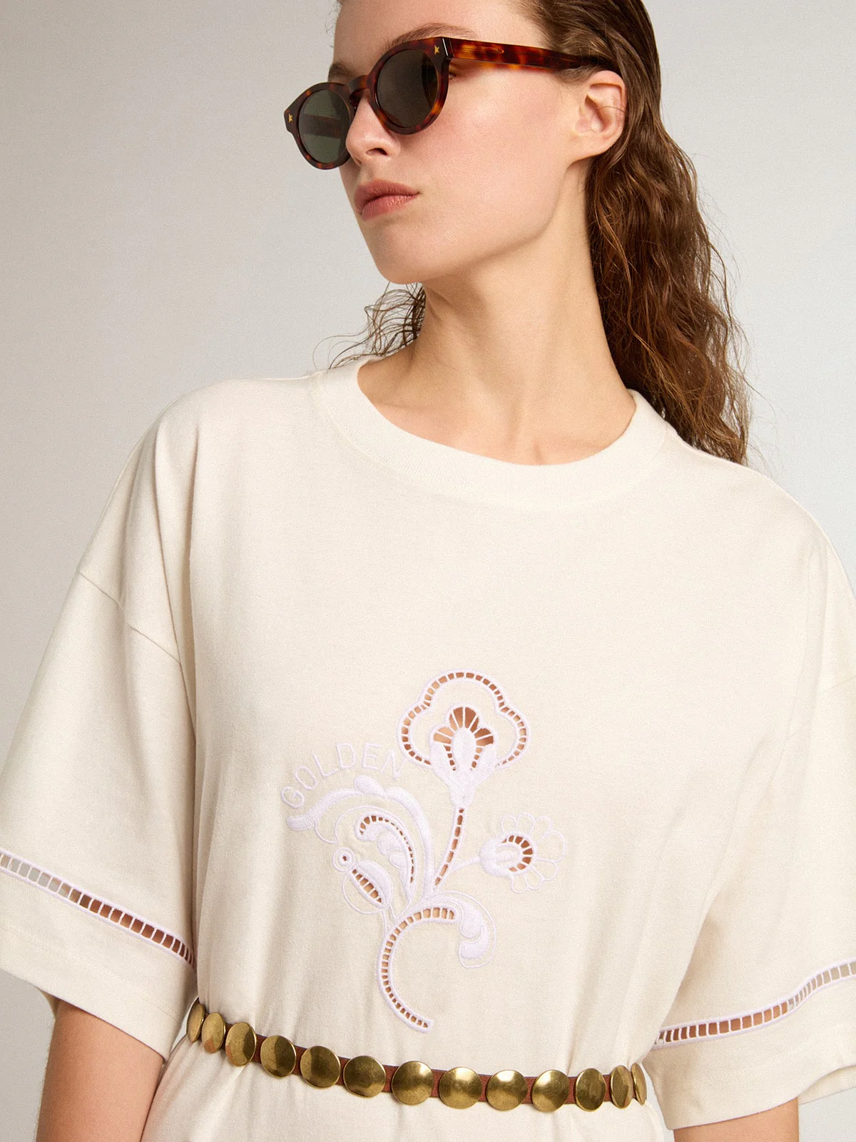 Women | White Cotton T-Shirt Dress with Belt | Vintage White - Image 10