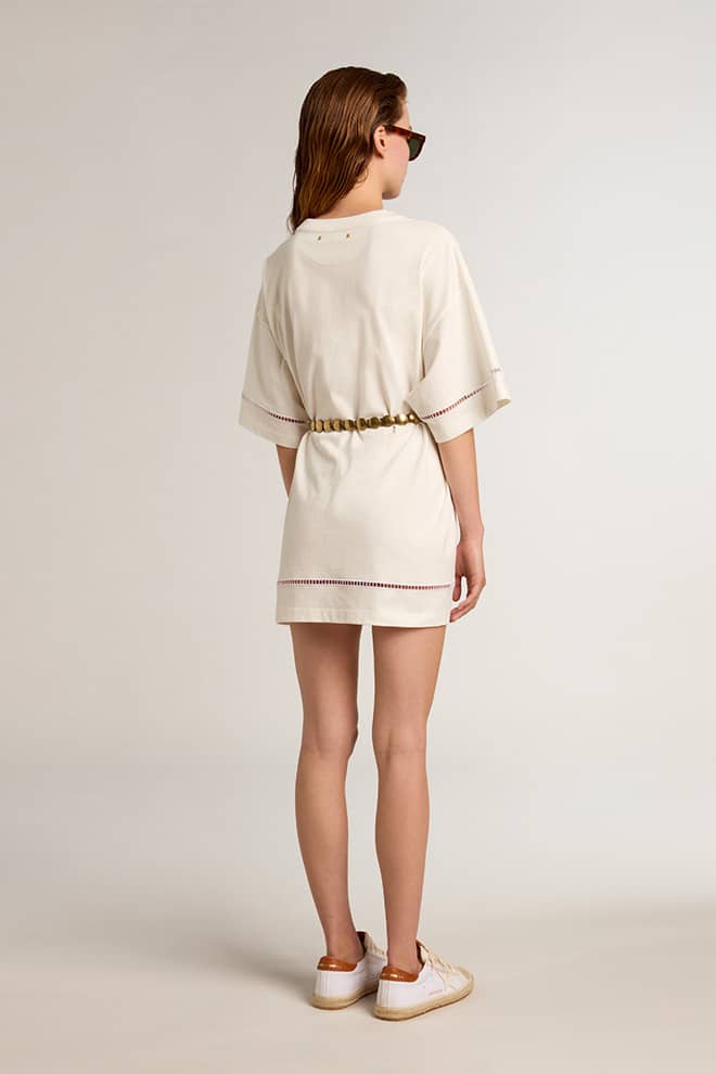 Women | White Cotton T-Shirt Dress with Belt | Vintage White - Image 11