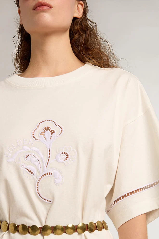 Women | White Cotton T-Shirt Dress with Belt | Vintage White - Image 12