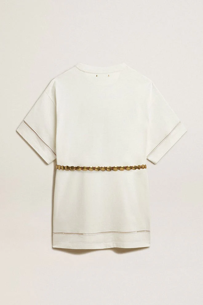 Women | White Cotton T-Shirt Dress with Belt | Vintage White - Image 2