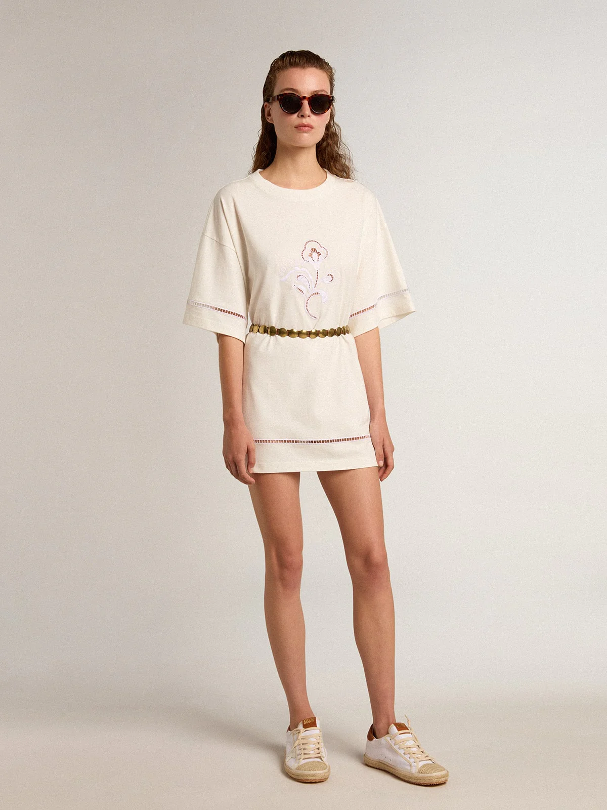Women | White Cotton T-Shirt Dress with Belt | Vintage White - Image 6