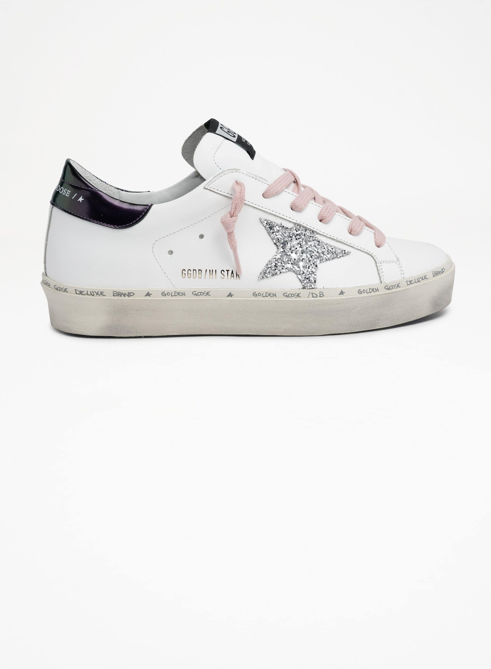Women | White Hi-Star Sneakers with Glittery Star & Pink Laces | White x Silver x Blue Petrol - Image 2