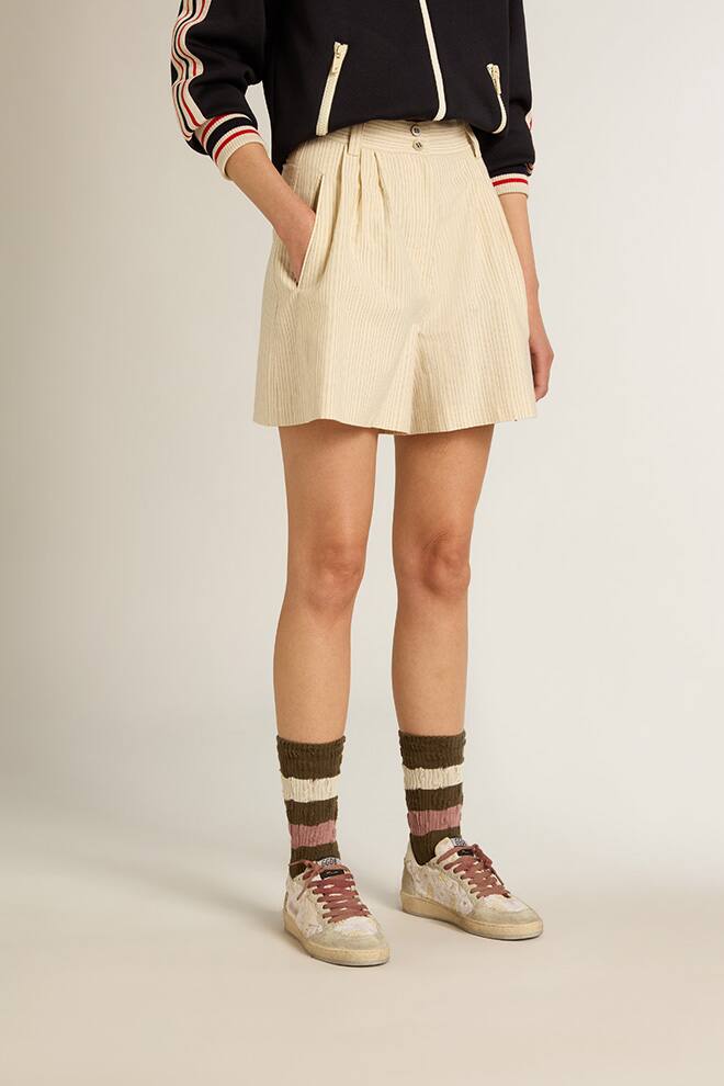 Women | White Pinstripe Shorts | Ecru x Eclipse x Dull Gold - Image 3