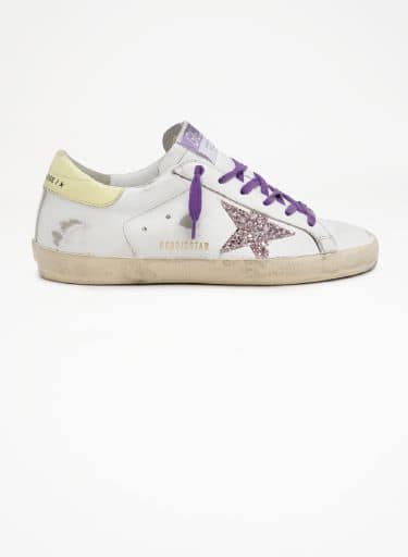 Women | White Super-Star Sneakers with A Glitter Star & Yellow Heel Tab | White x Pink x Yellow - Image 5