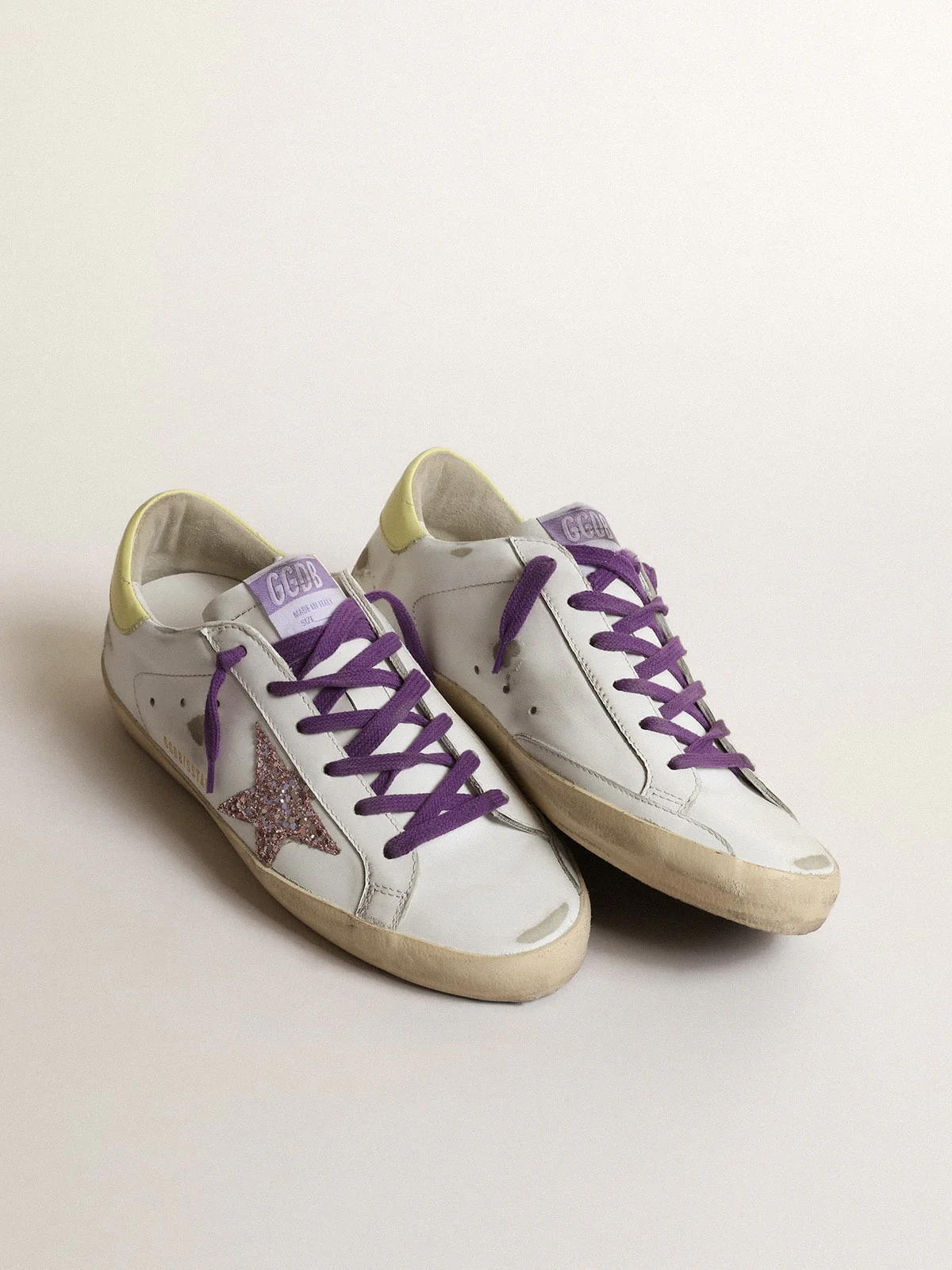 Women | White Super-Star Sneakers with A Glitter Star & Yellow Heel Tab | White x Pink x Yellow - Image 7