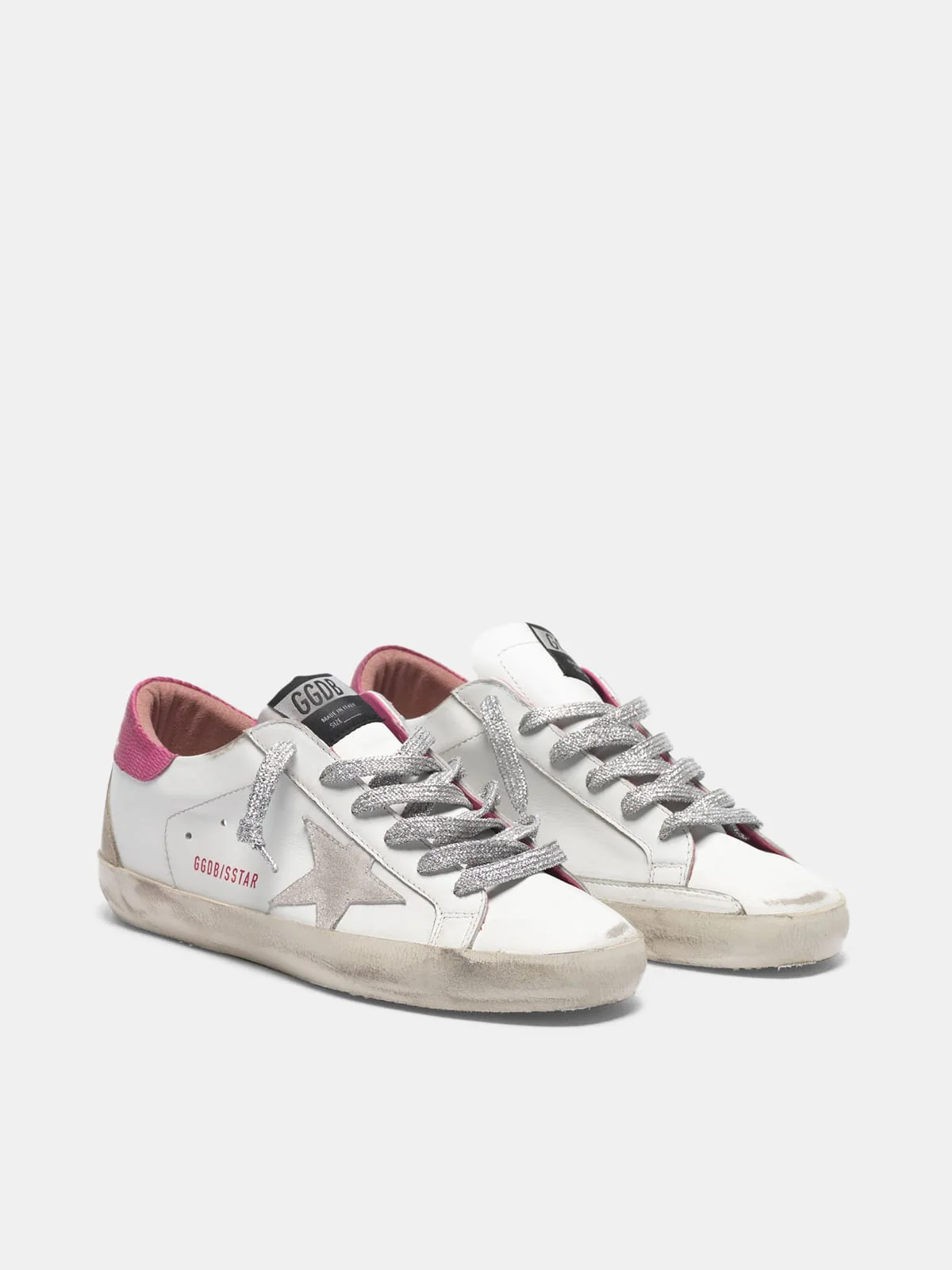 Women | White Super-Star Sneakers with Fuchsia Lizard-Print Heel Tab - Image 6