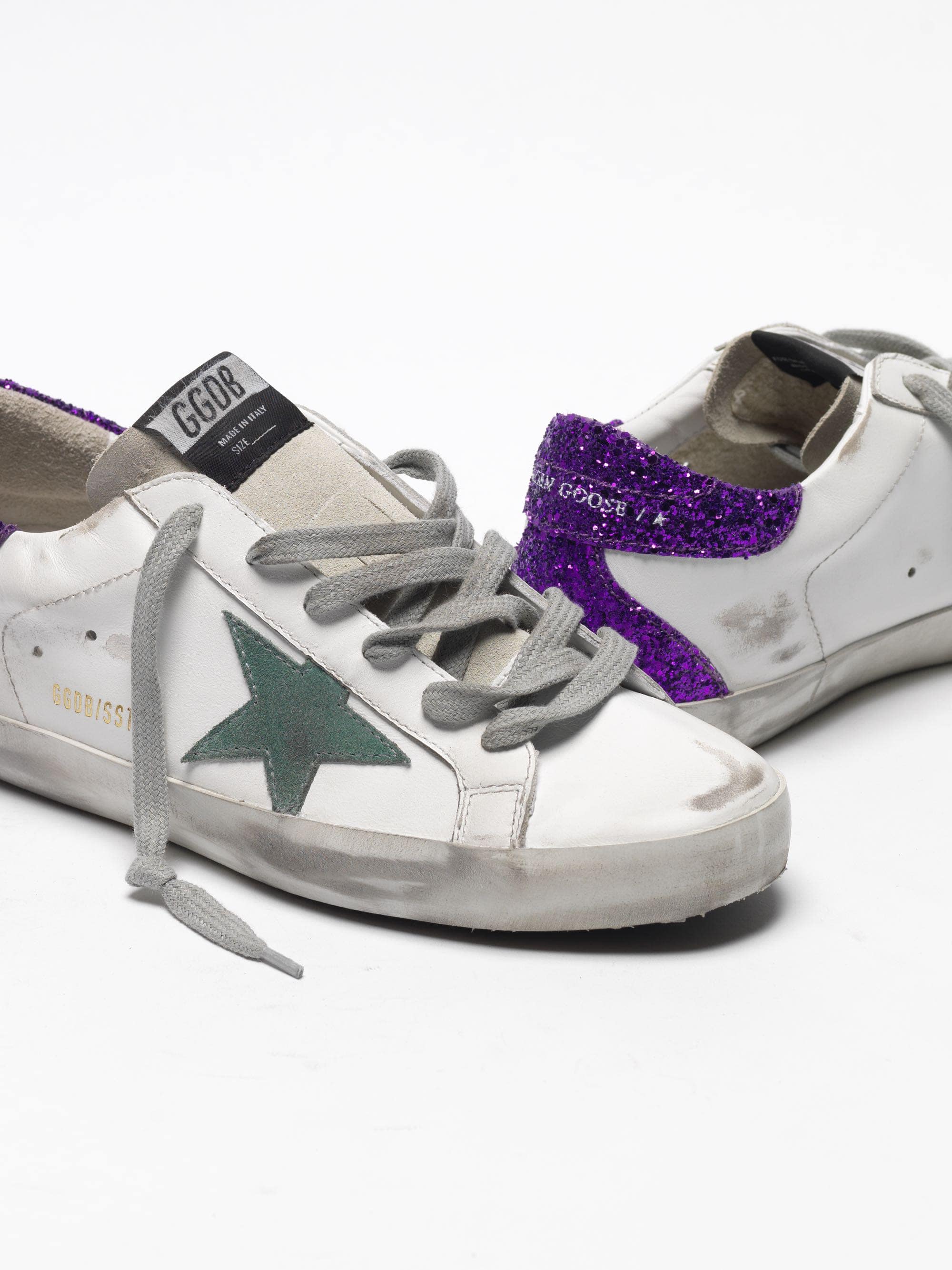 Women | White Super-Star Sneakers with Glittery Purple Rear - Image 3