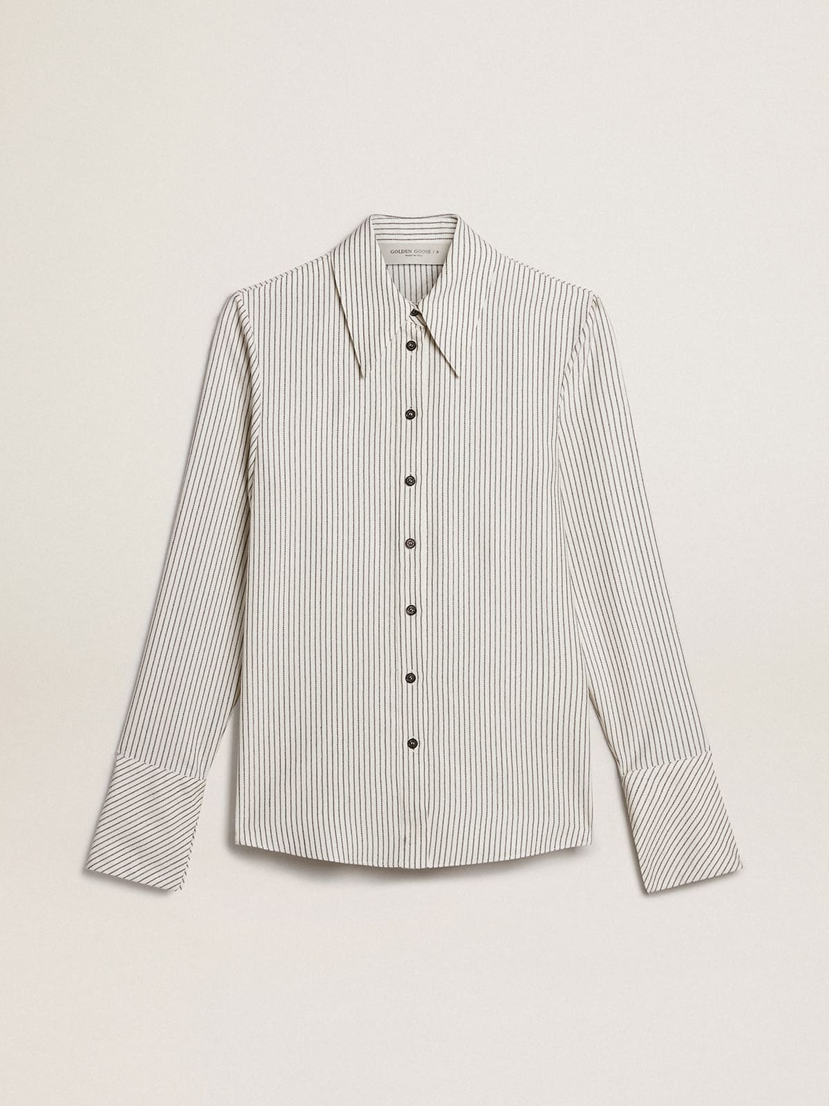 Women | White Viscose Shirt with Narrow Black Stripes | Arctic Wolf x Black - Image 11