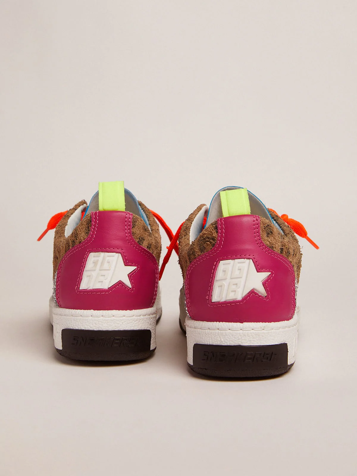 Women | Yeah Sneakers with Silver Glitter, Animal-Print & Colored Leather Patchwork | Black x Beige Brown Leo x White x Rose Quartz x Fuxia - Image 5