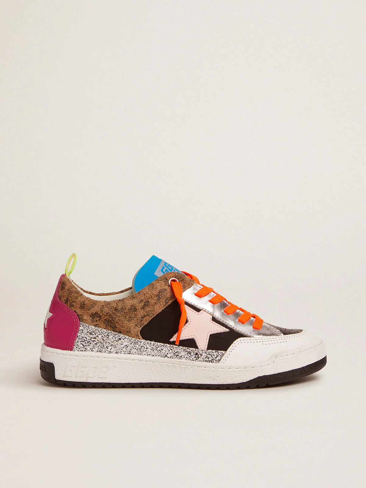 Women | Yeah Sneakers with Silver Glitter, Animal-Print & Colored Leather Patchwork | Black x Beige Brown Leo x White x Rose Quartz x Fuxia - Image 7