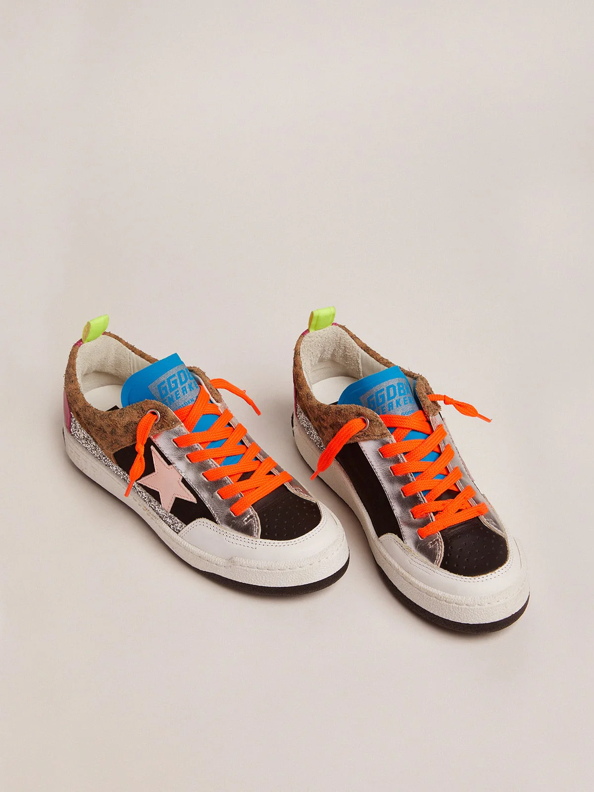 Women | Yeah Sneakers with Silver Glitter, Animal-Print & Colored Leather Patchwork | Black x Beige Brown Leo x White x Rose Quartz x Fuxia - Image 8