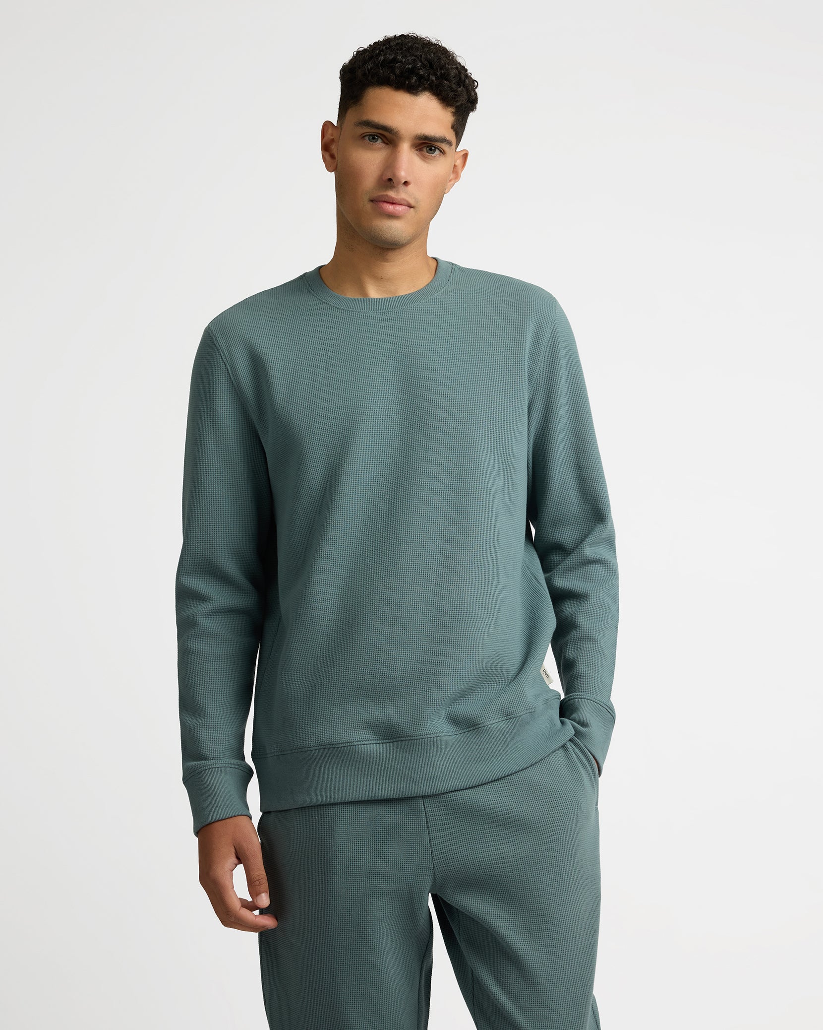 Mens | Heavyweight Cotton Waffle Crewneck Sweatshirt | Fern - Image 2