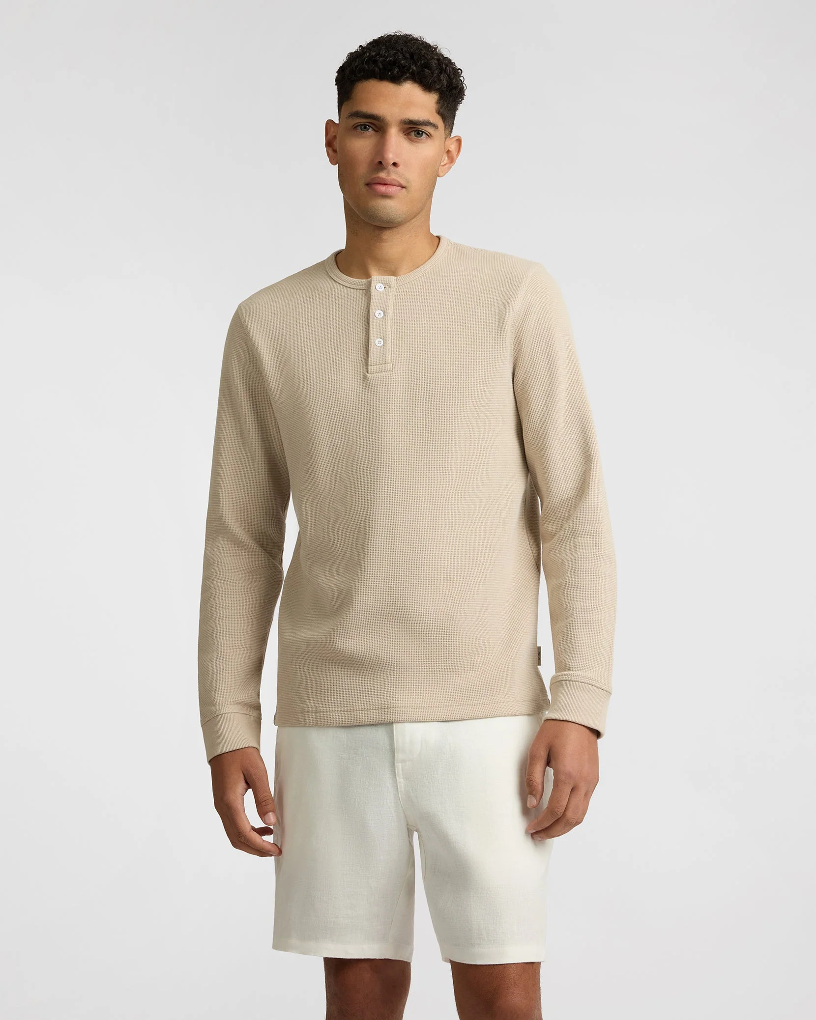 Mens | Heavyweight Cotton Waffle Henley Sweatshirt | Sand - Image 2