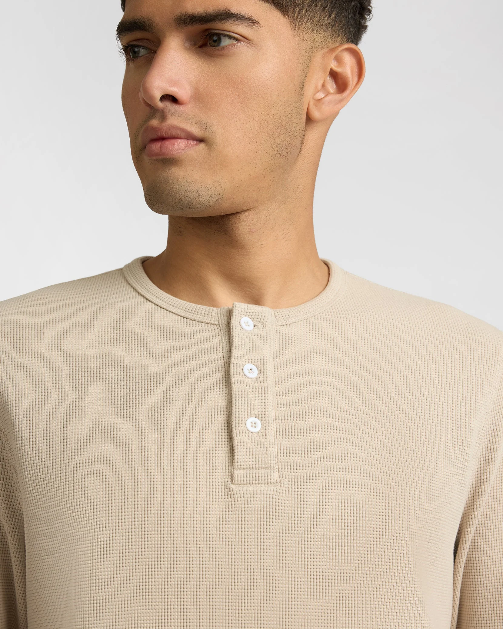Mens | Heavyweight Cotton Waffle Henley Sweatshirt | Sand - Image 3