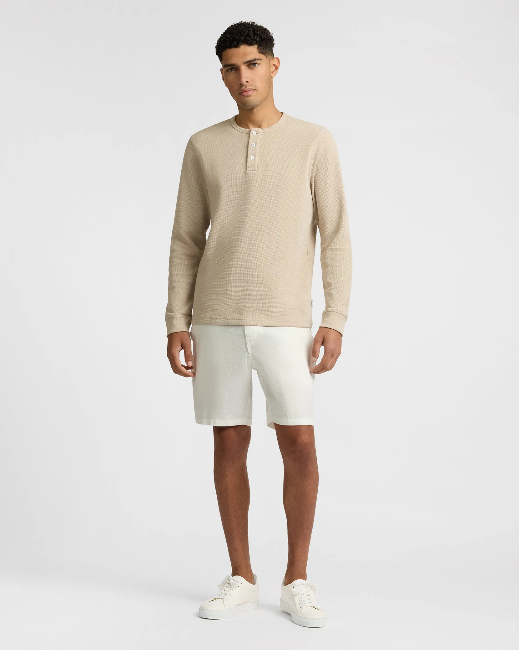 Mens | Heavyweight Cotton Waffle Henley Sweatshirt | Sand - Image 6