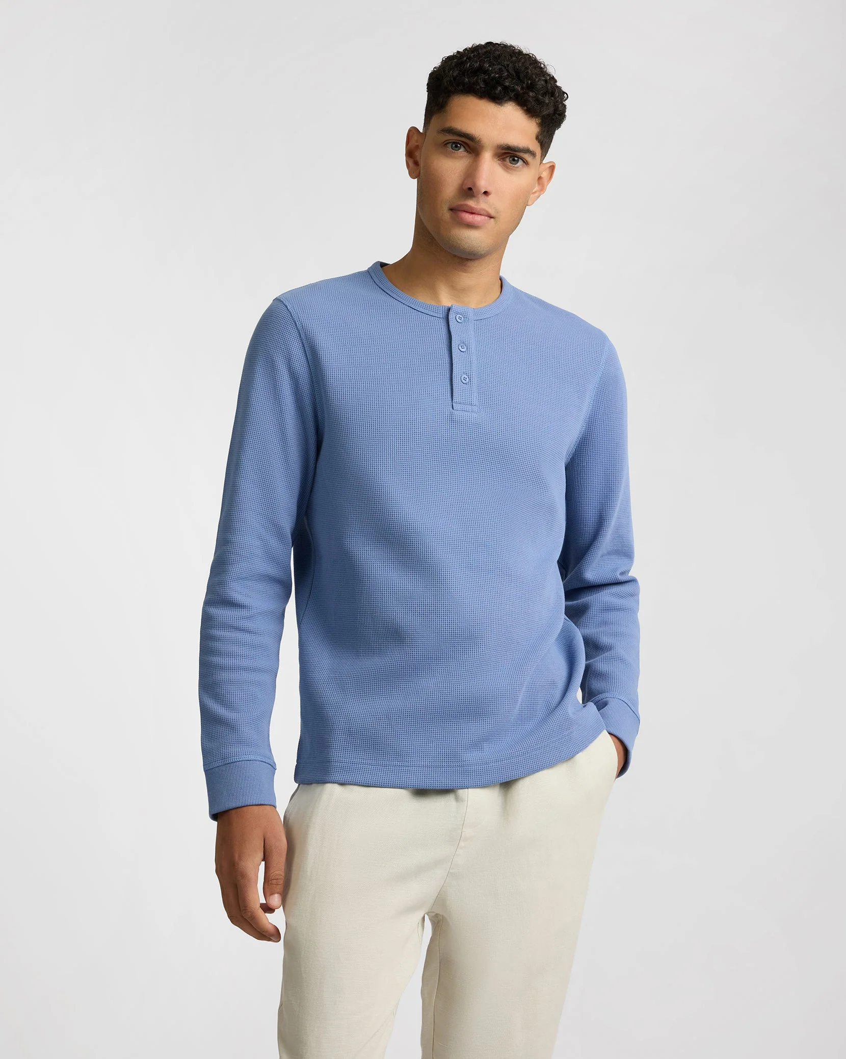 Mens | Heavyweight Cotton Waffle Henley Sweatshirt | Indigo - Image 2