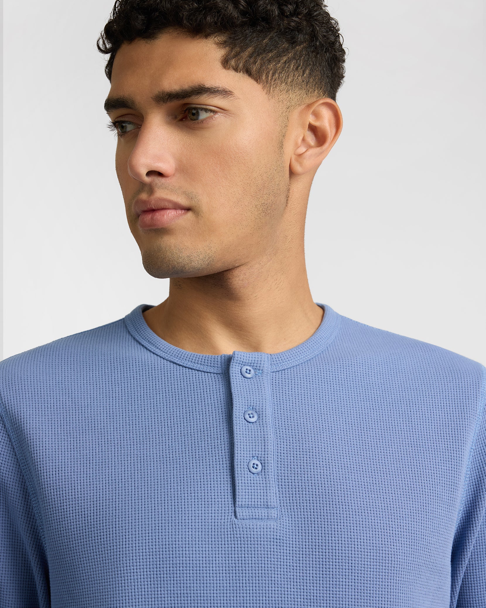 Mens | Heavyweight Cotton Waffle Henley Sweatshirt | Indigo - Image 3