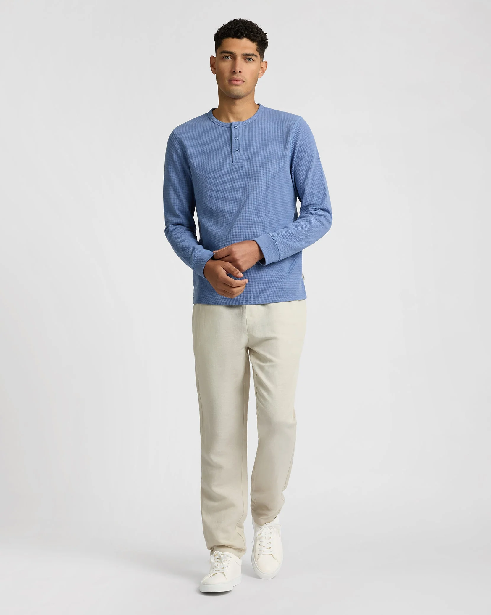 Mens | Heavyweight Cotton Waffle Henley Sweatshirt | Indigo - Image 5