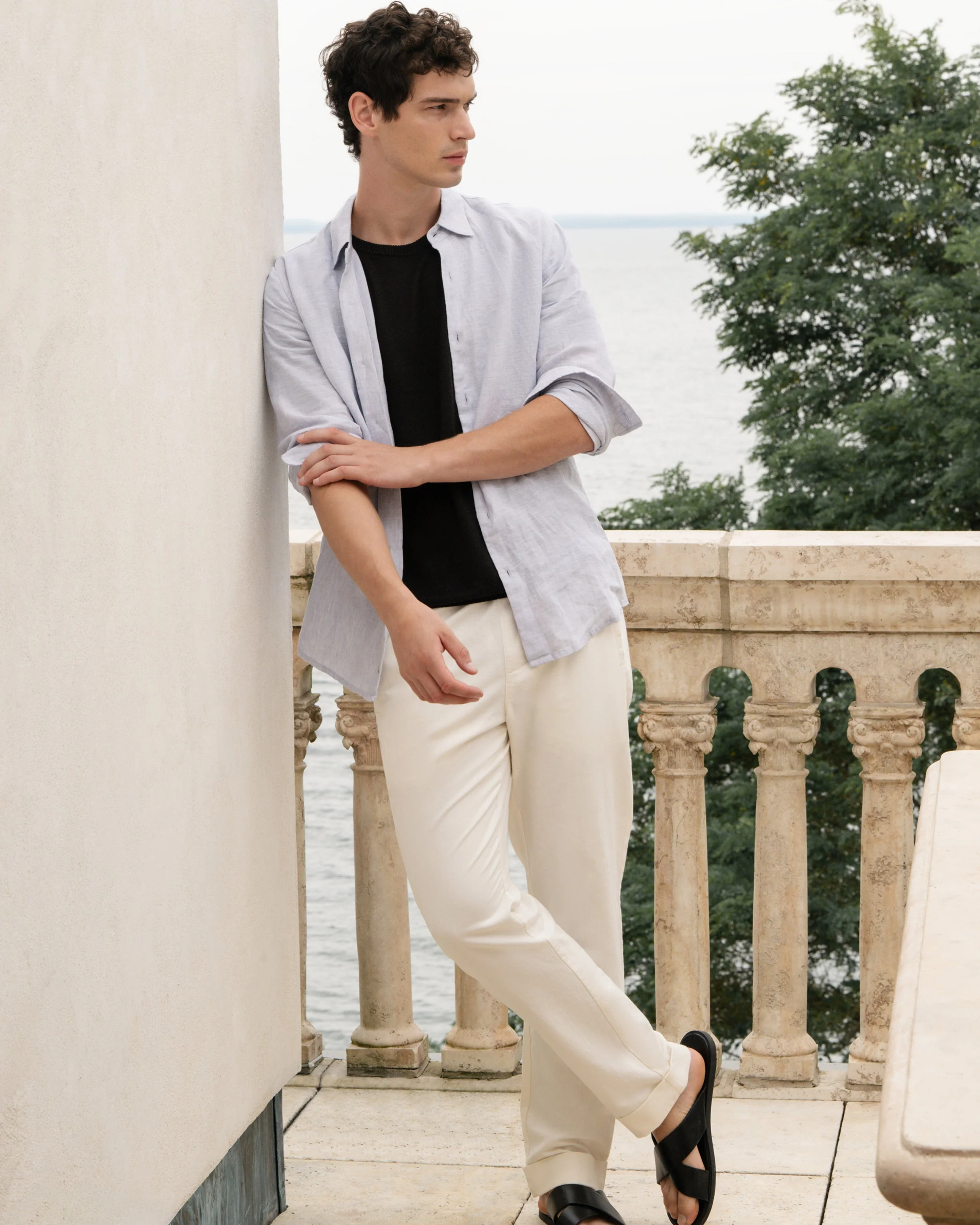 Mens | Linen Cotton Stretch Cuff Pant | Egret - Image 2