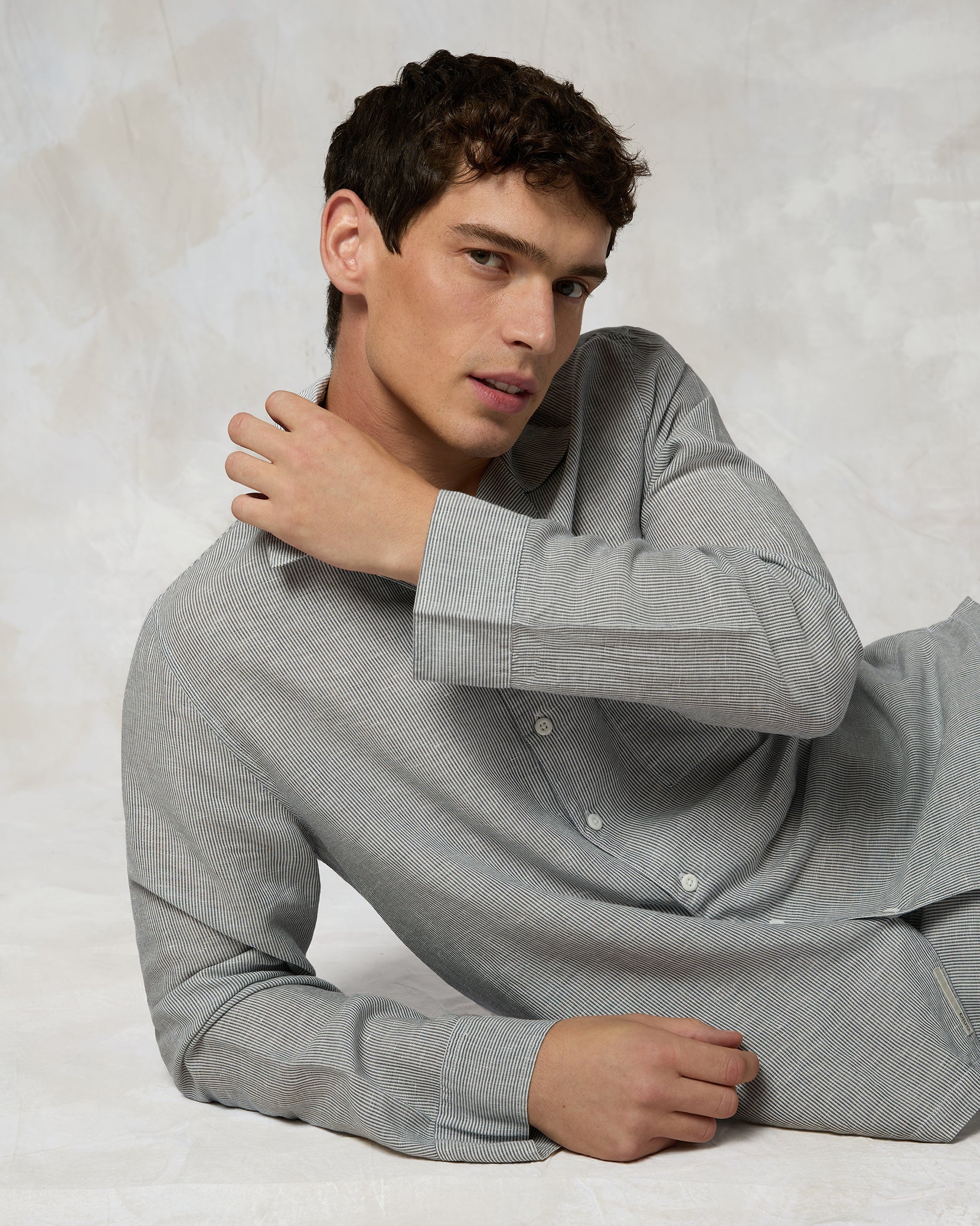 Mens | Linen Home Long Sleeve Camp Shirt | Deep Navy/White - Image 2