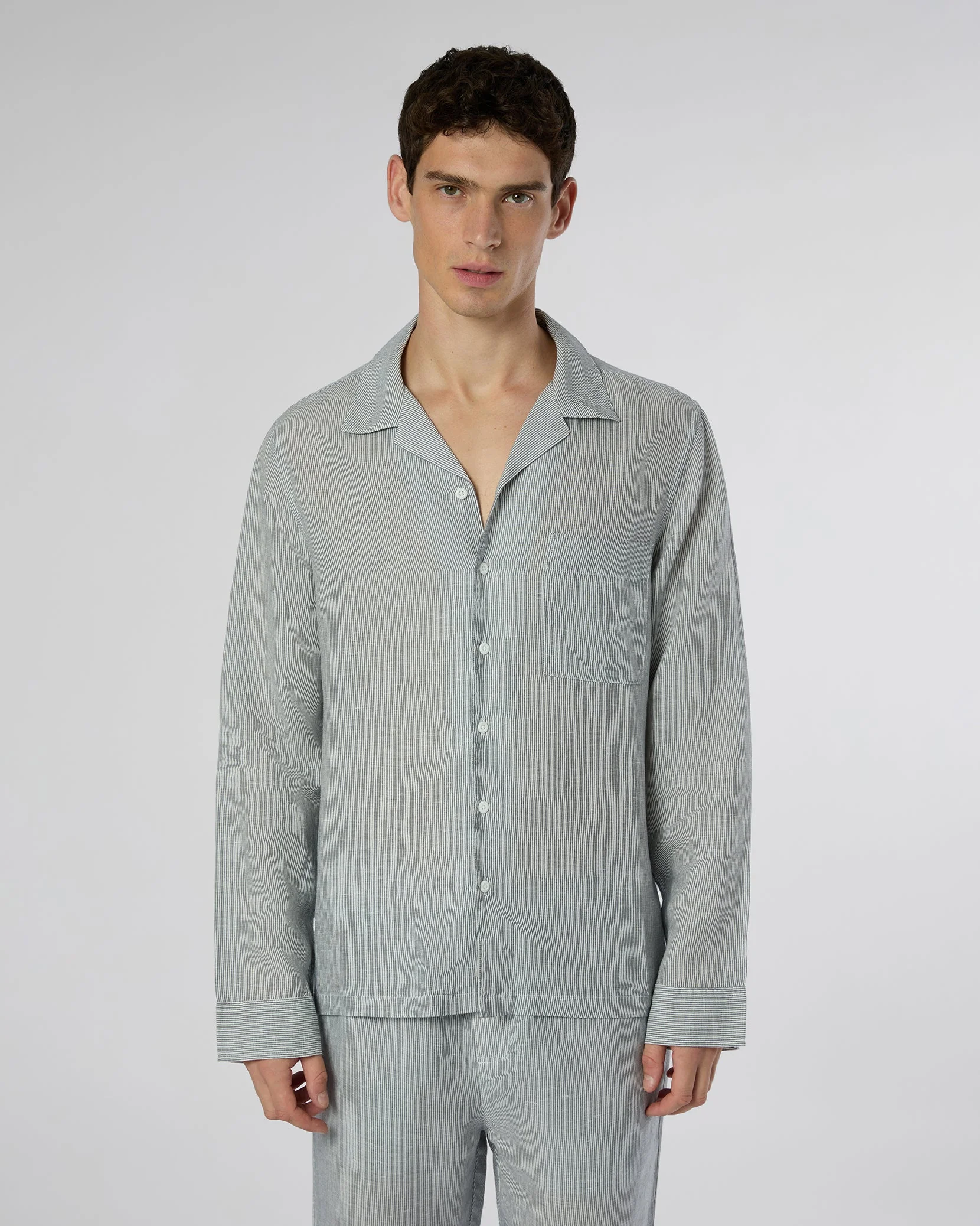 Mens | Linen Home Long Sleeve Camp Shirt | Deep Navy/White - Image 3