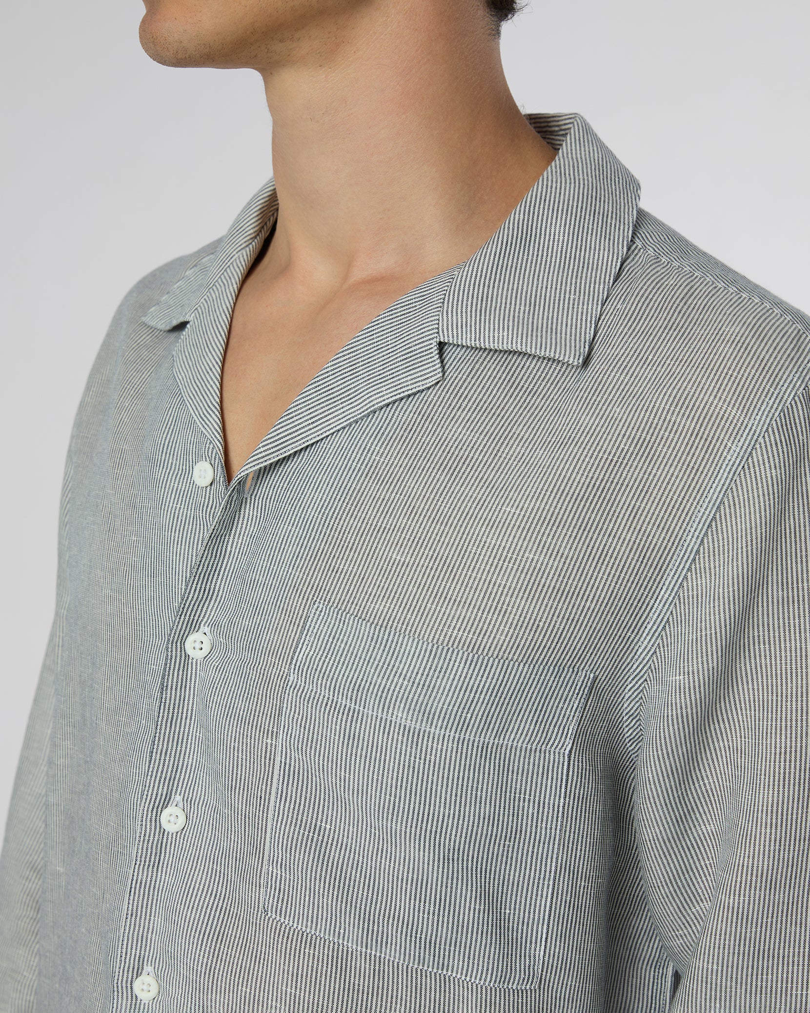 Mens | Linen Home Long Sleeve Camp Shirt | Deep Navy/White - Image 4