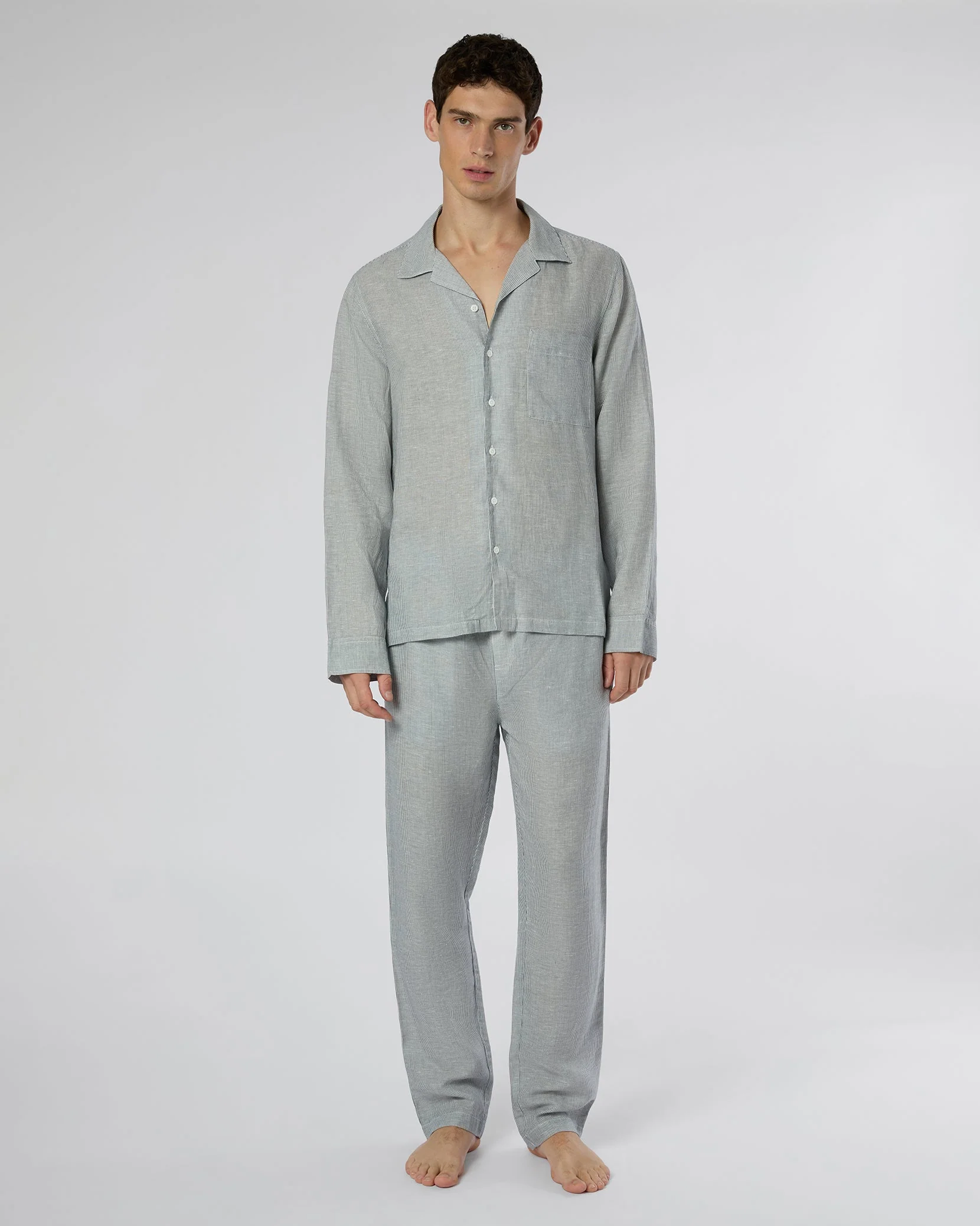 Mens | Linen Home Long Sleeve Camp Shirt | Deep Navy/White - Image 5
