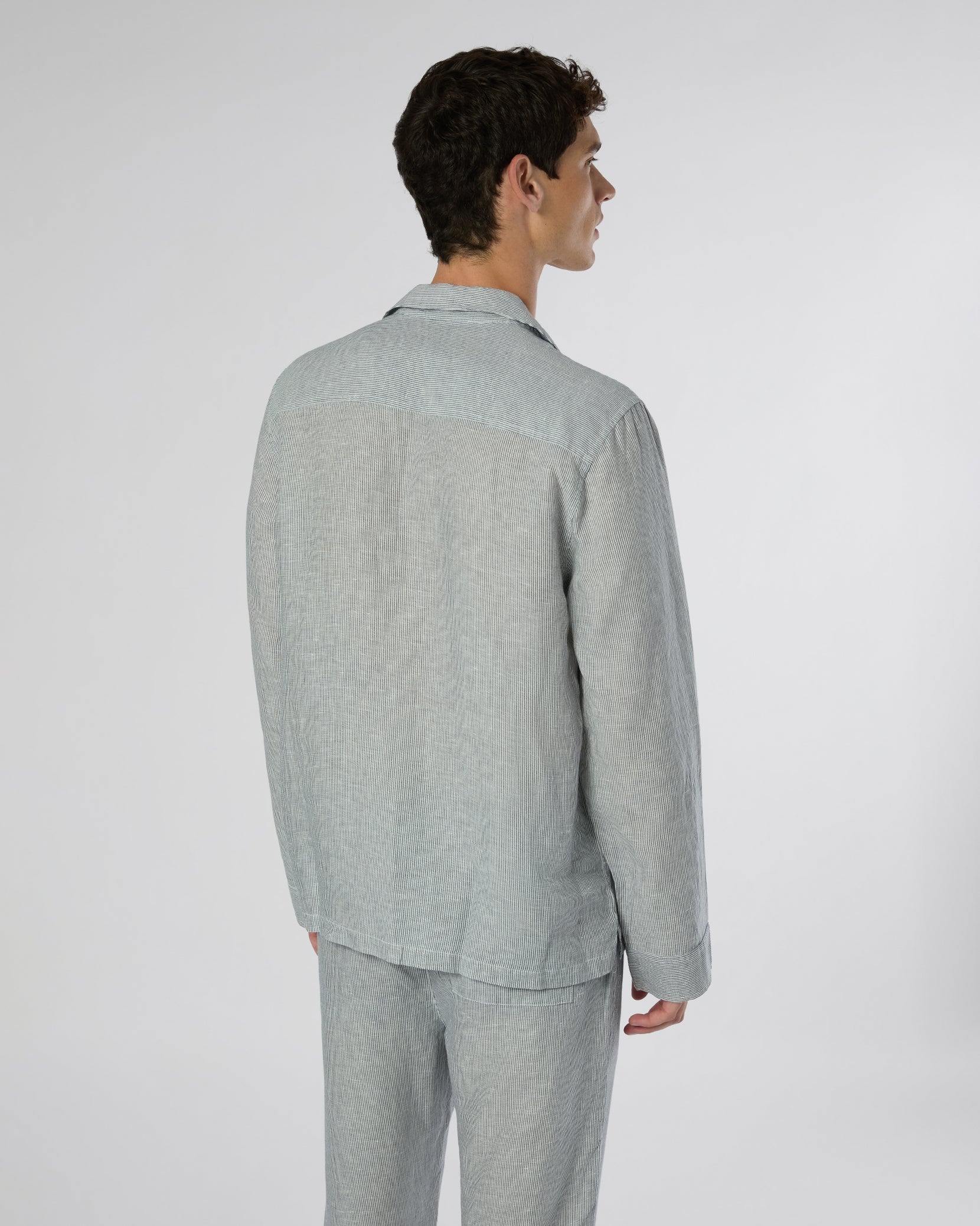 Mens | Linen Home Long Sleeve Camp Shirt | Deep Navy/White - Image 6