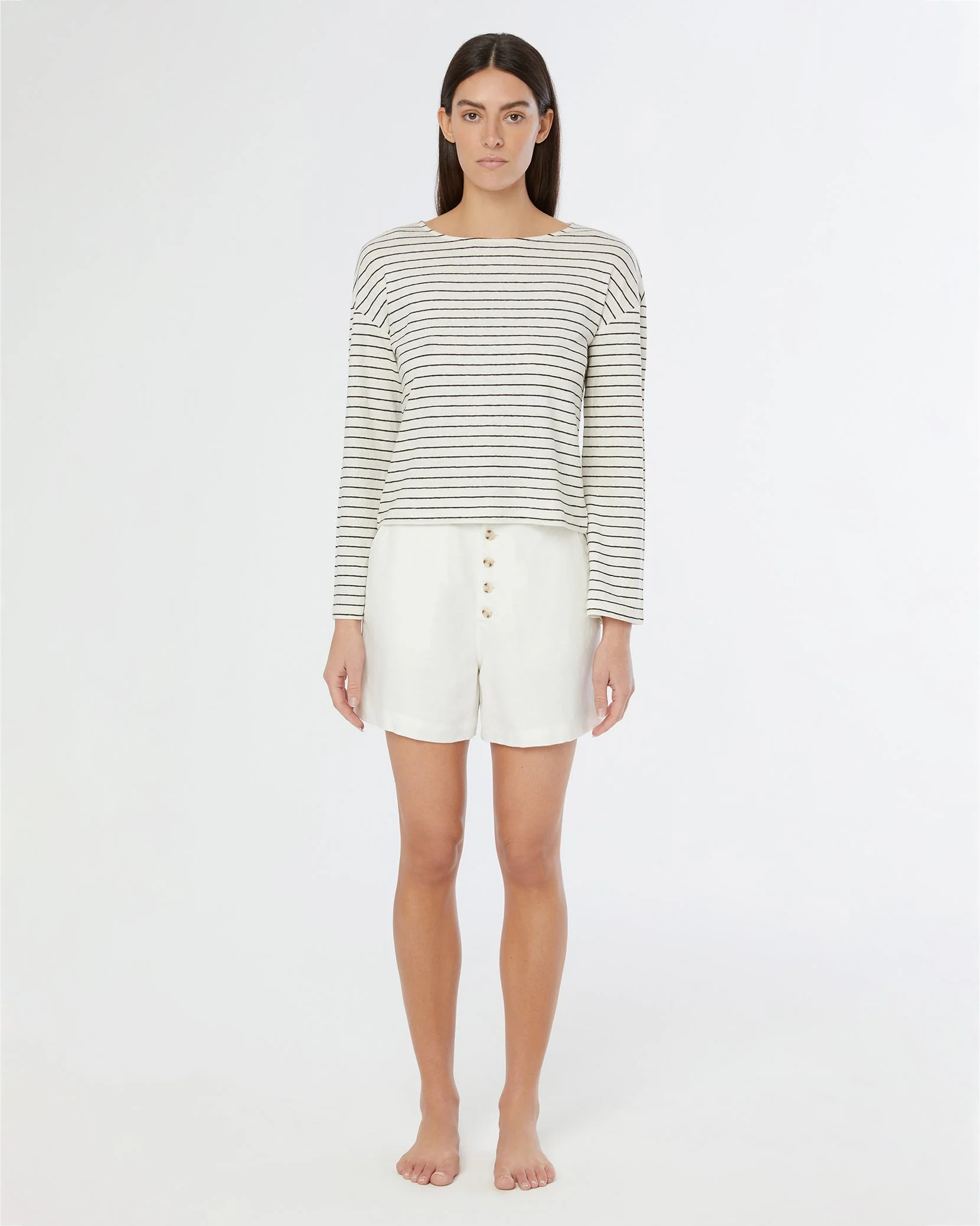 Womens | Linen Jersey Boatneck Top | Cream/Black - Image 3