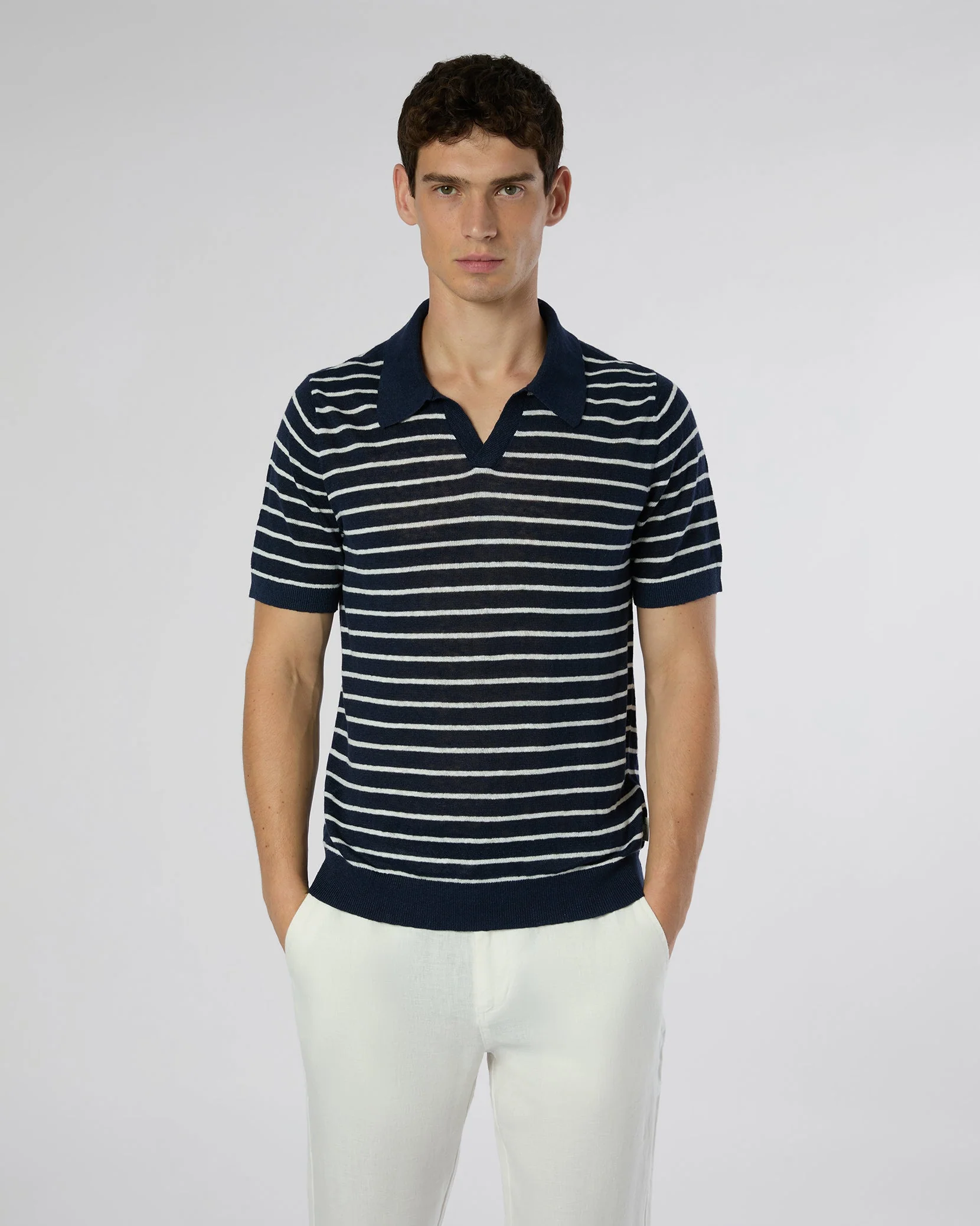 Mens | Linen Johnny Polo Sweater | Deep Navy/White - Image 3