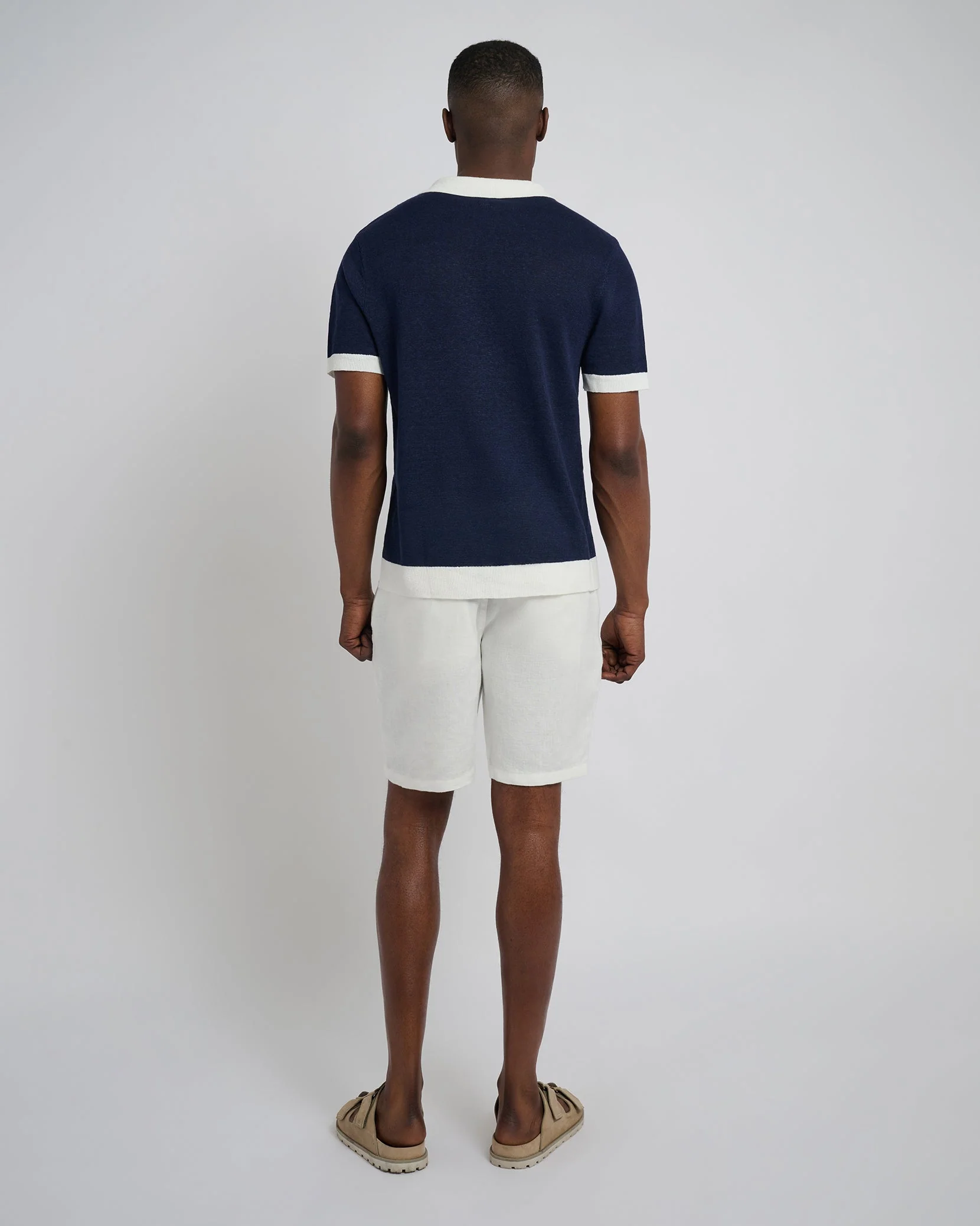 Mens | Linen Johnny Collar Polo Sweater | Deep Navy/White - Image 6