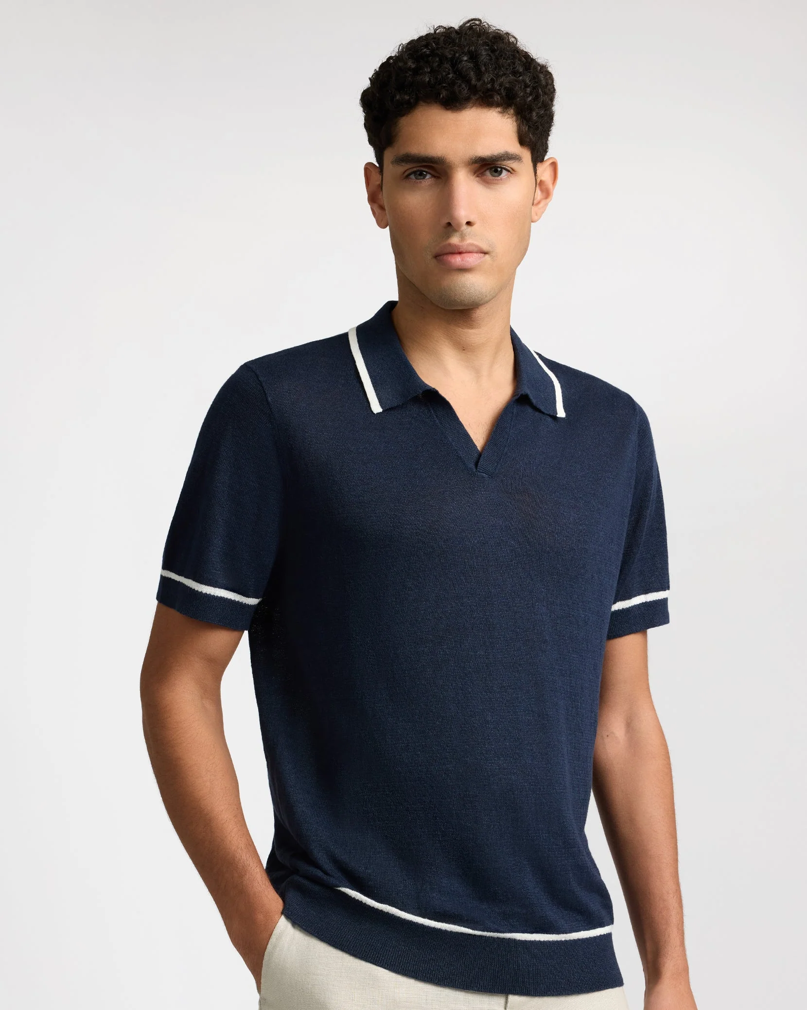 Mens | Linen Johnny Collar Polo Sweater | Midnight - Image 3
