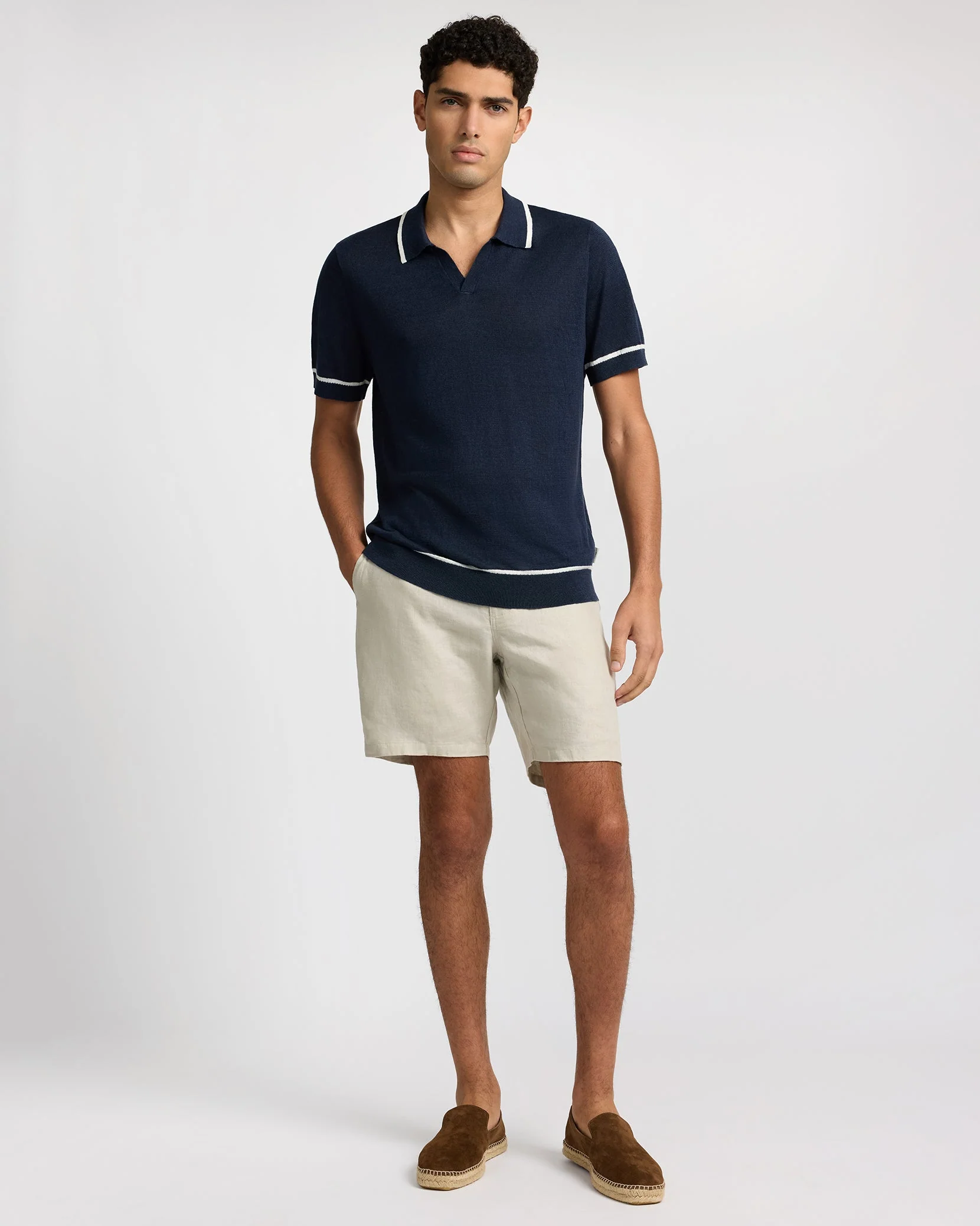 Mens | Linen Johnny Collar Polo Sweater | Midnight - Image 7